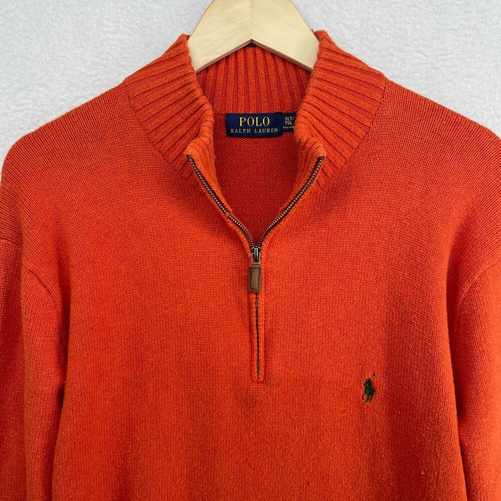 POLO RALPH LAUREN Sweater Mens XLT Tall 1/4 Zip Pullover Cotton Orange
